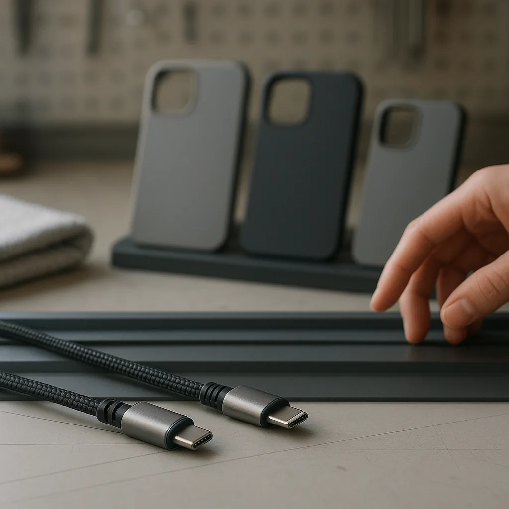 USB-C and Lightning-compatible connector ends on a horizontal inspection rail