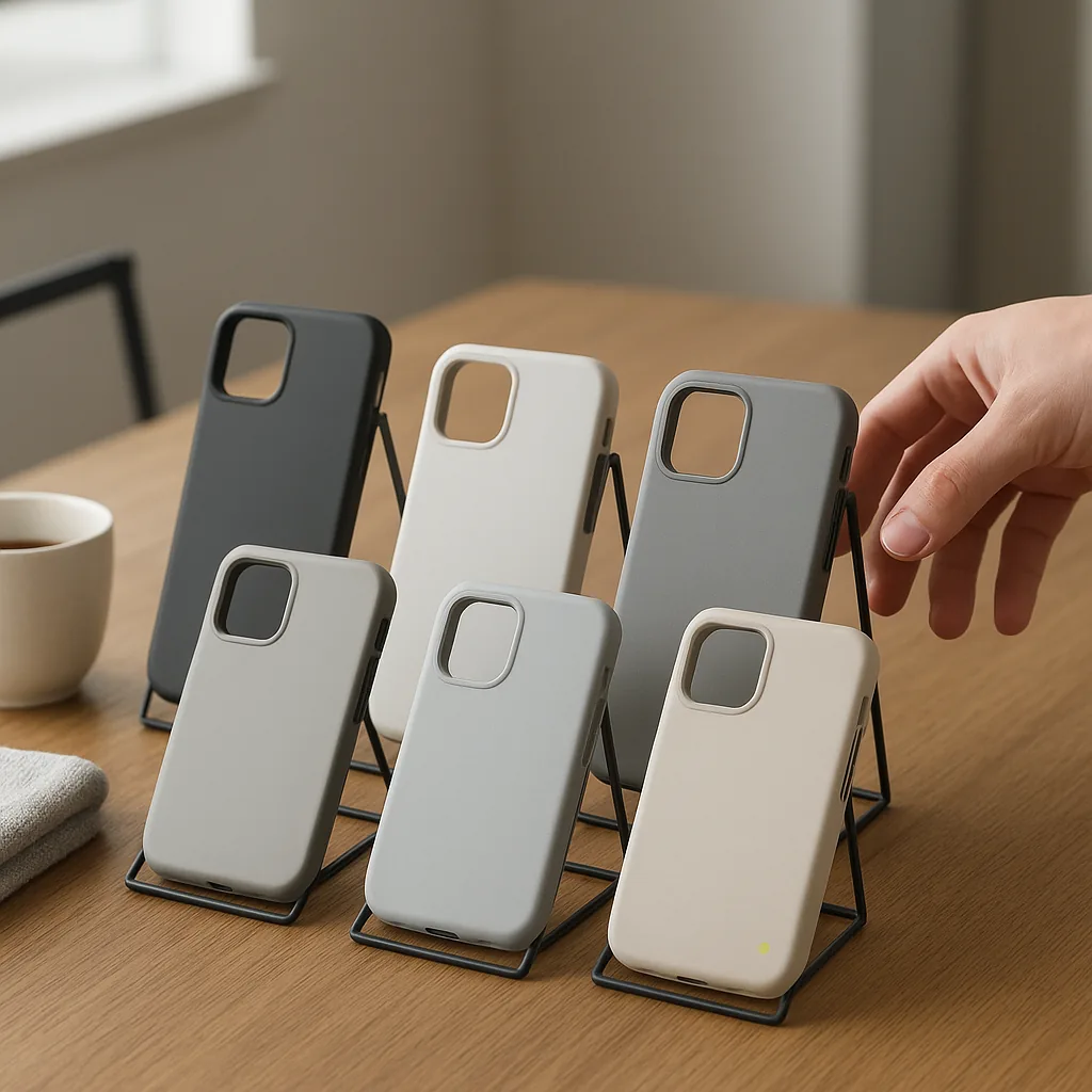 Five smartphone case profiles presented in a technical display bay